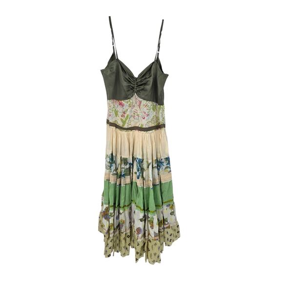 VTG FUNKY PEOPLE SMALL COTTON BOHO PATCHWORK RAW HEM SATIN TIERED MAXI DRESS - Picture 1 of 6